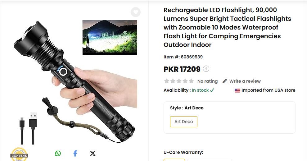 Rechargeable LED Flashlight 90,000 lumens( Gochan Imported )